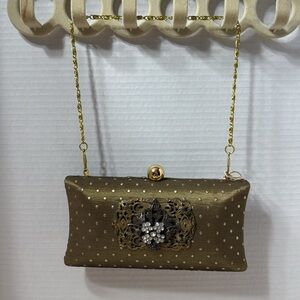 Vintage JNB Greenish Gold Hard Shell Clutch Purse Extra Chain Straps Rhinestones